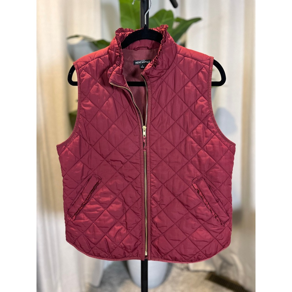 J.Crew Mercantile Womens Quilted Puffer Vest Berry Red Ruffle Collar Large